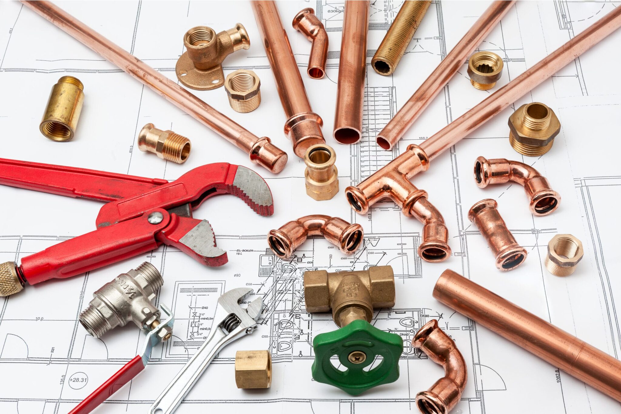 Copper pipes, fittings, valves, and plumbing tools in Cheltenham