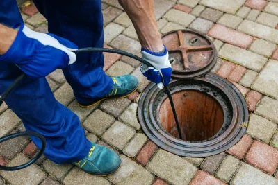 Plumber cleaning an outdoor sewer drain in Cheltenham