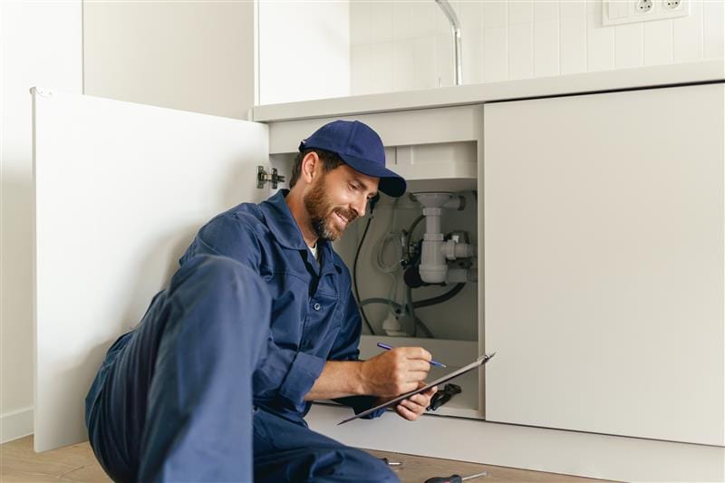 Residential plumber reviewing plumbing repairs in a Cheltenham kitchen