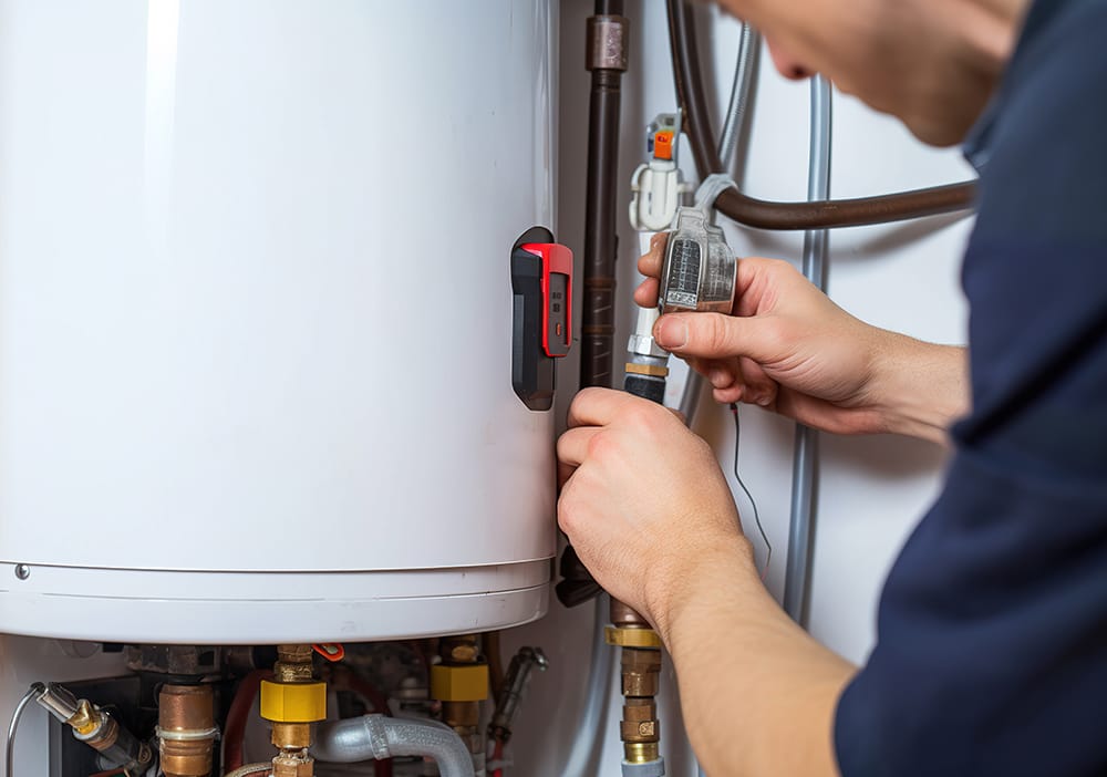 Technician repairing pipes connected to a water heater in Cheltenham